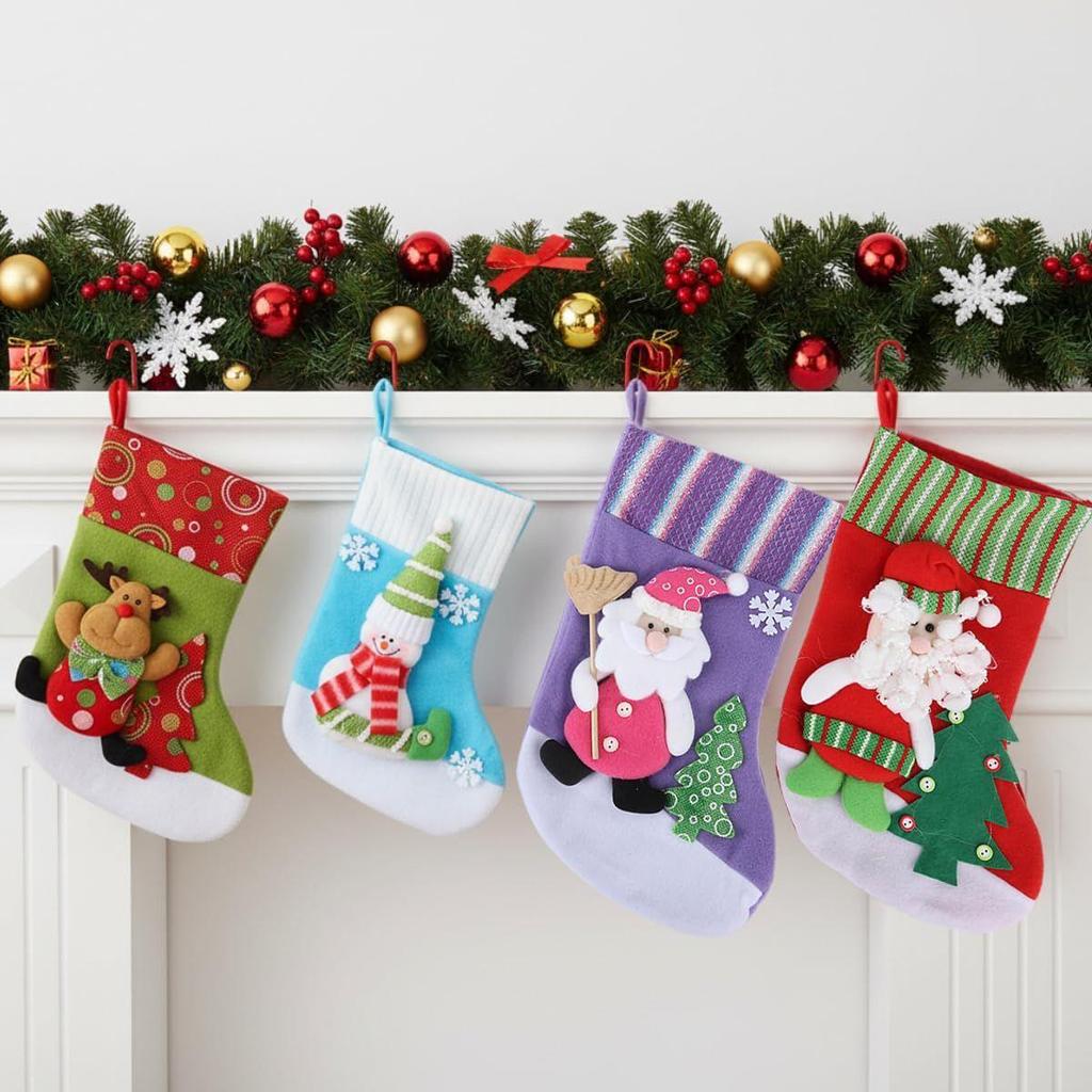 Set of 4 Christmas Decorations Stockings 2 Size Santa, Snowman, Reindeer Socks Hangings Christmas Tree Decoration Items Gifts Stocking Set