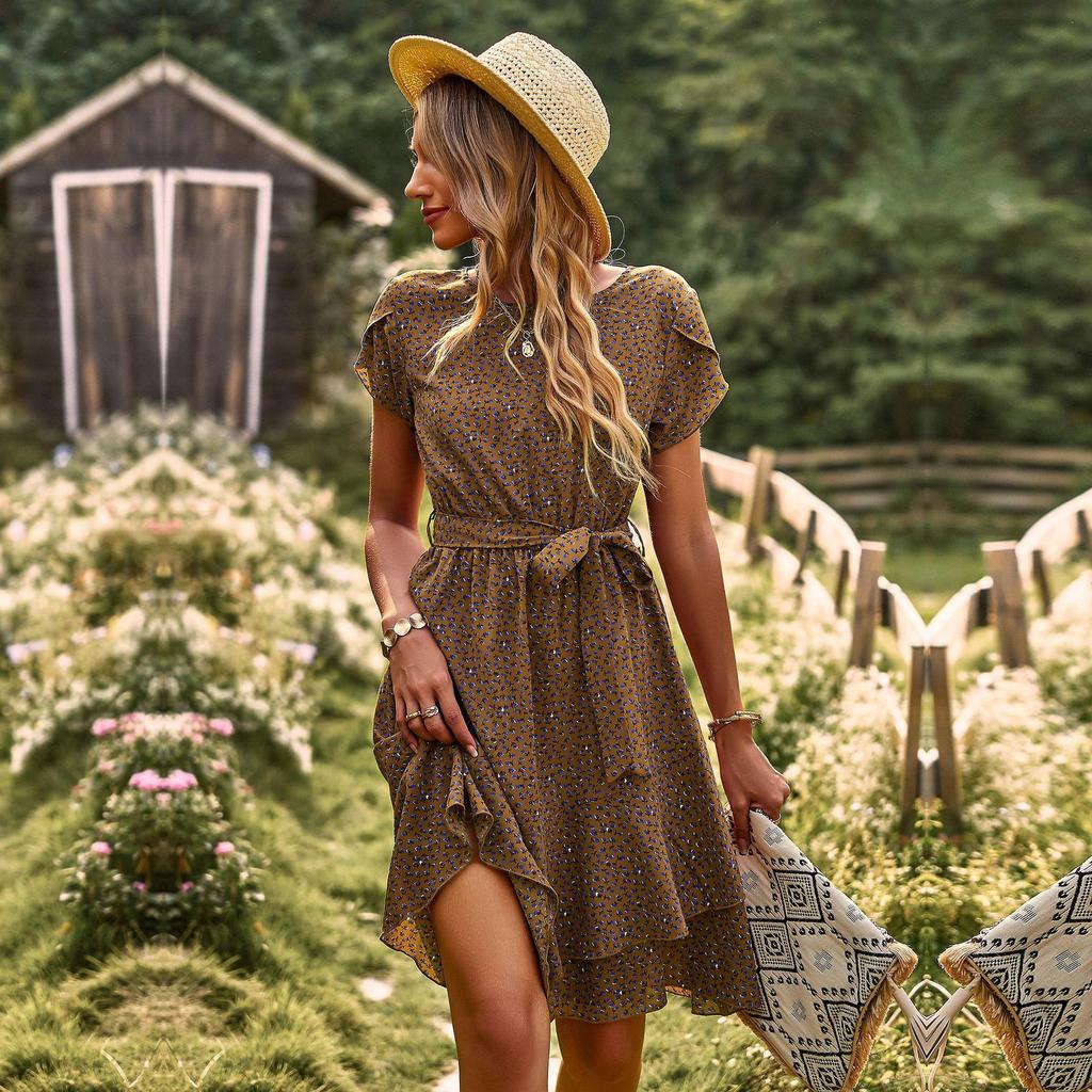 Женские летние плиссированные платья с высокой талией и круглым вырезом с принтом