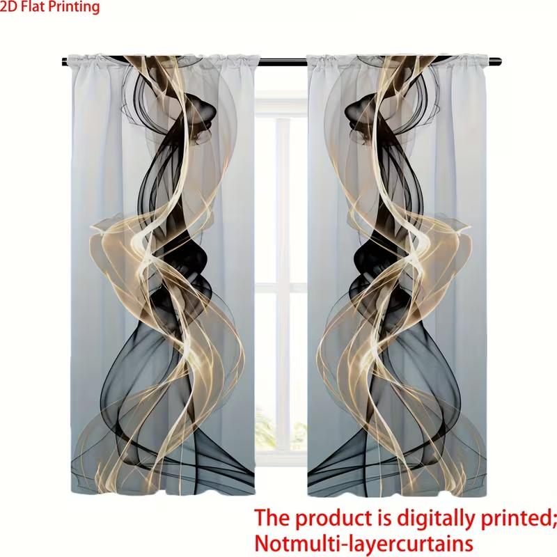 2pcs Black Gold Abstract Smoke Patterned Curtains   Design for Living Room Bedroom Modern Home Window  Rod Pocket Curtains