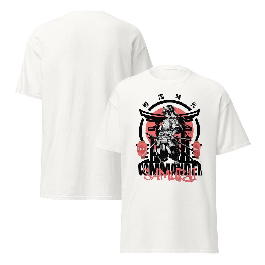 Commander Samurai T-Shirt, epic black-and-white ronin warrior design, dual katana stance, traditional Japanese aesthetic tee