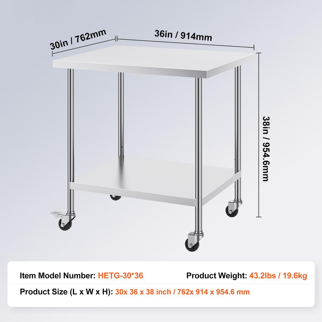 SucceBuy Stainless Steel Work Table with Wheels 3 Adjustable Height Levels Heavy Duty Food Prep Worktable for Commercial Kitchen