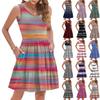 Women's Summer Fashion Casual V-neck Pleated Patchwork Striped Print Sleeveless Pocket Vest Dress