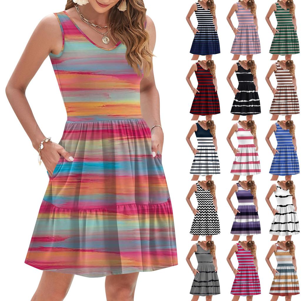Women's Summer Fashion Casual V-neck Pleated Patchwork Striped Print Sleeveless Pocket Vest Dress