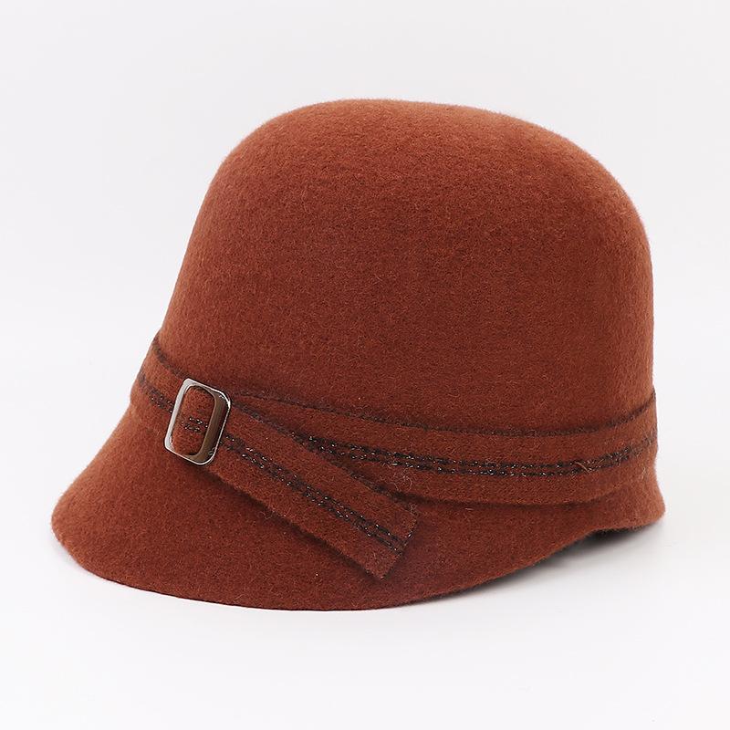 Autumn Winter New Pure Color Equestrian Hat High Quality All Wool Fisherman Hat Hat Women Fashion Metal Buckle Warm Hat