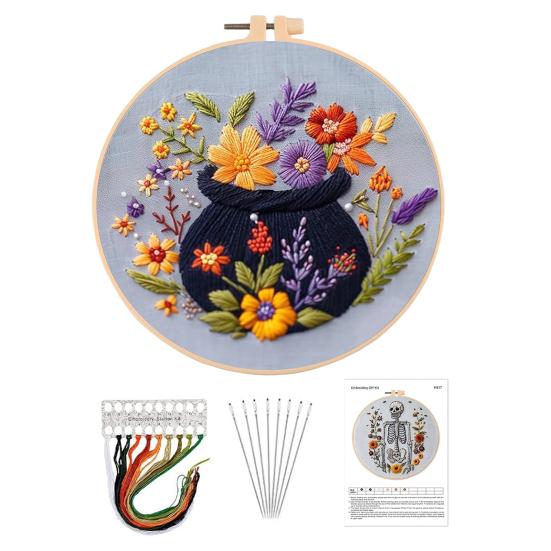 1 Set Halloween Embroidery Kit with Hoop Threads Scissors Threader Beginners Gothic Stamped Cross Stitch Hand Embroidery Starter Kit