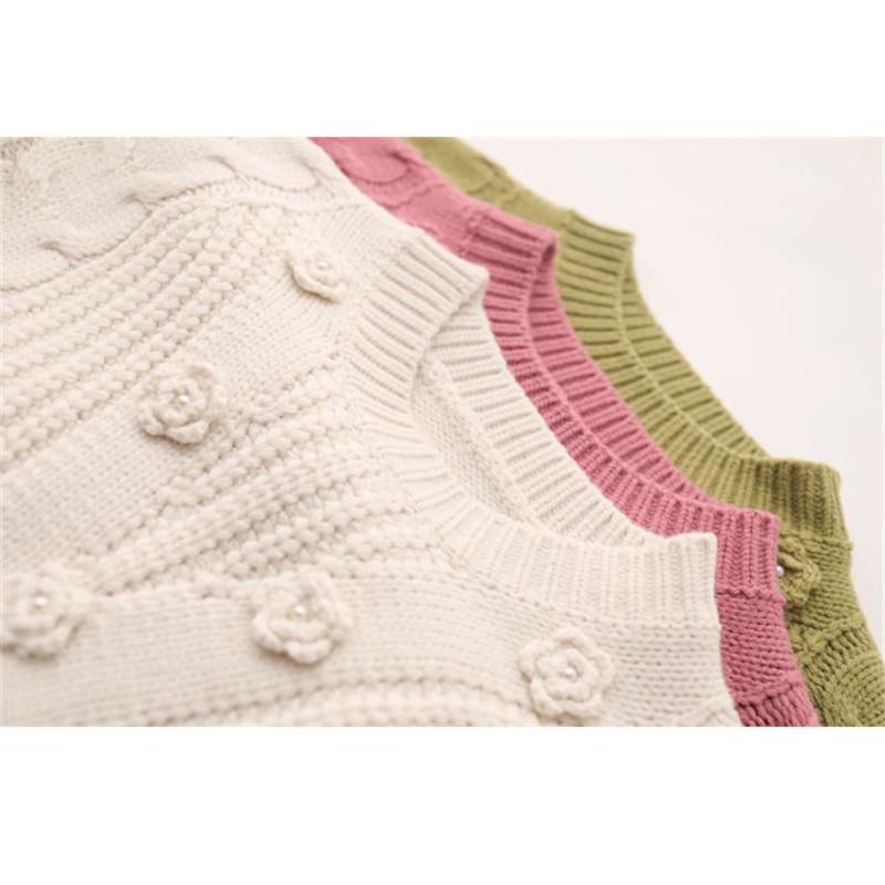 Женская мода с жемчужными цветочными аппликациями, свободный вязаный свитер, винтажный женский пуловер с круглым вырезом и длинным рукавом, шикарные топы C-163