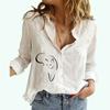 Women Fashion Lapel Neck Cardigan Shirt Ladies Long Sleeve Cotton Linen Top Cat Print Spring&Summer&Fall Casual Loose Blouses