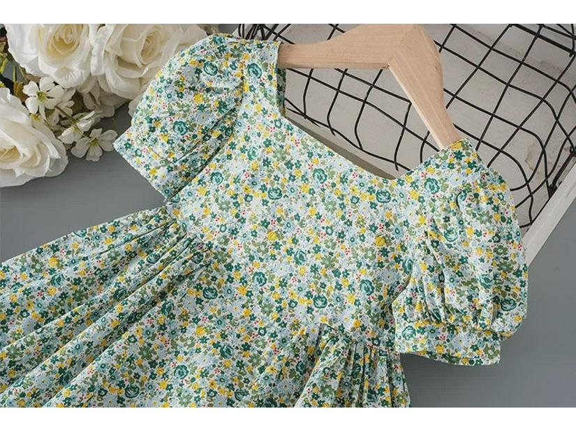 Летнее платье принцессы с цветочным принтом: Короткий рукав из хлопка в корейском стиле для девочек