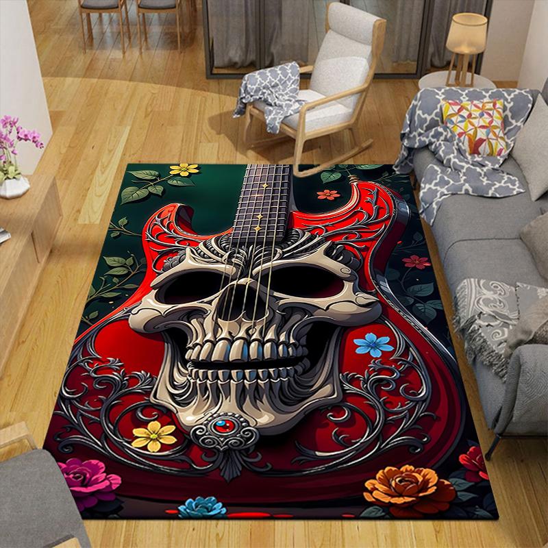 1Pc Skull Guitar Artwork Rug, Office Carpet Indoor Outdoor Doormat, Non-Slip, Comfortable, Living, Christmas Halloween, Xmas Gift G1181