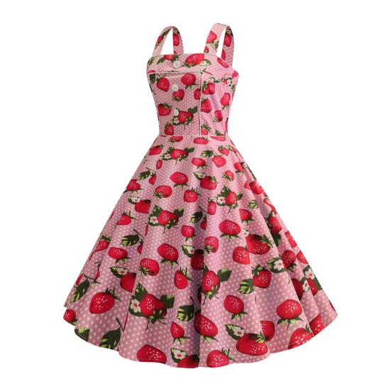 Women Prom Dress Strawberry Print A-line Big Swing Vintage Button Decor Sleeveless Back Zipper High Waist Backless Square Neck Cocktail Midi Dress