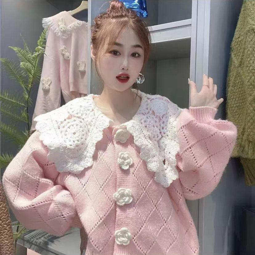 Кардиган свитер женский трехмерный цветок вязаный кружевной вышивкой кукольный воротник свободный милый корейский свитер кардиган
