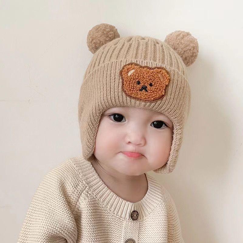 Autumn and Winter Children's Hats Baby Beige Series Boys and Girls Windproof Ear Protection Warm Knitted Cartoon Ear Warm