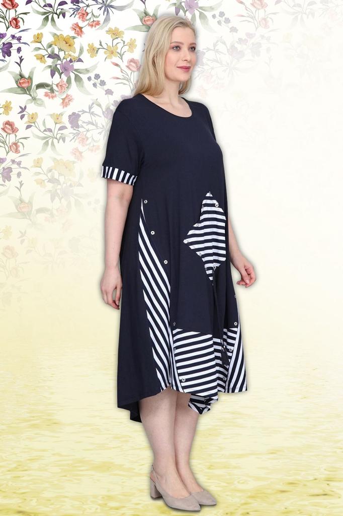 Женское платье большого размера Платье асимметричного кроя с детальной линией темно-синего цвета