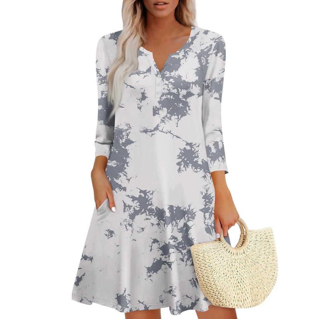 Women's Summer Dress Loose V Neck Three-quarter Sleeve Sundress With Pockets Dress