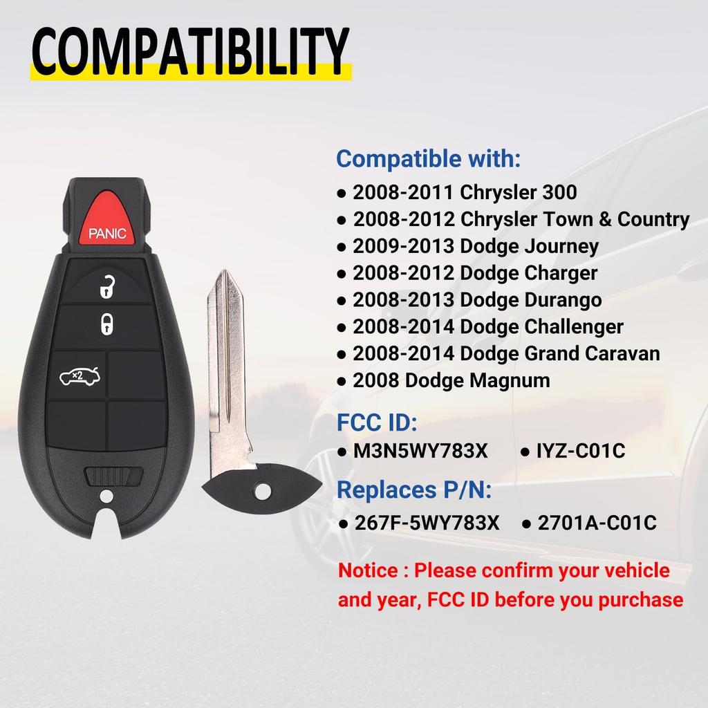 Key Fob Entry Remote Control Key Compatible with Chrysler 300, Dodge Charger, Dodge Challenger, Dodge Magnum, Replacement for M3N5WY783X IYZ-C01C, 4