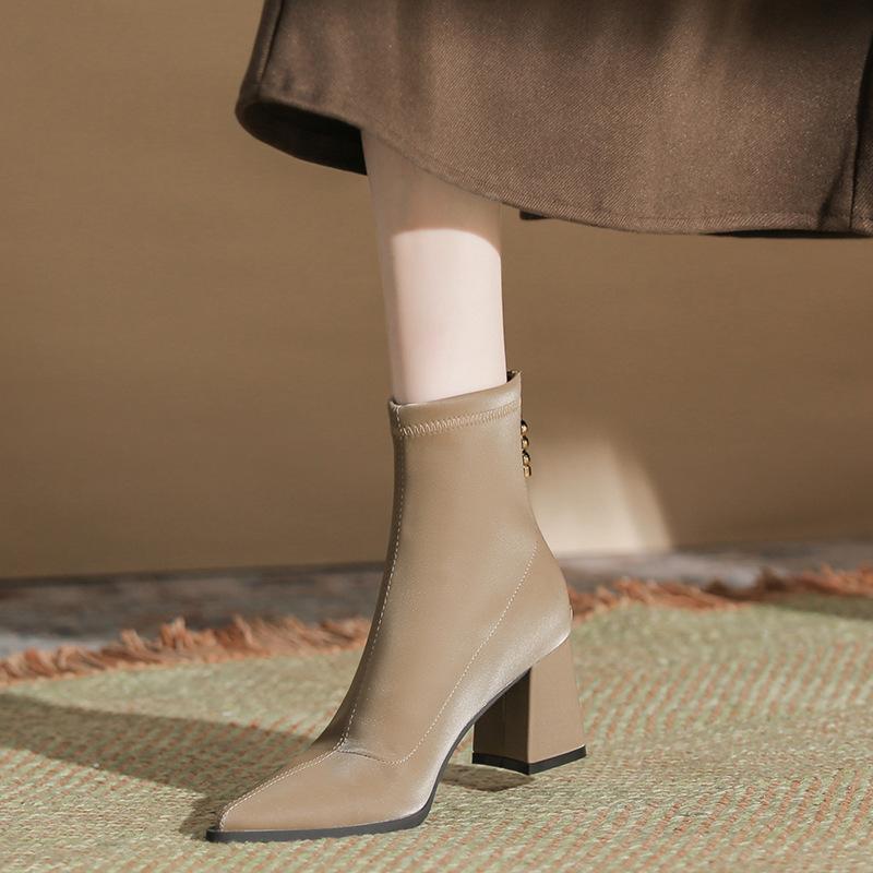 H768-5 Boots Women's High Mercerized Suede Medium Tube New Breathable Autumn and Winter Women's Boots Light Luxury Pointed Thick Heel Fashion Boots