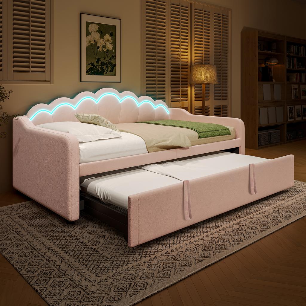 Daybed with Pull-Out Bed, Sofa Bed, Single Bed (Without Mattress), Double Bed, Velvet, Color-Changing LED Strip, 90x200cm(180x200cm), Pink
