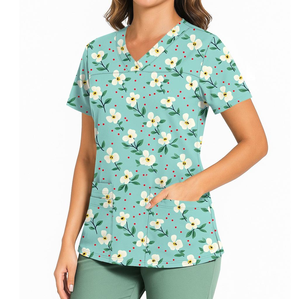 Женский повседневный топ с принтом, V-образным вырезом, карманом, боковым разрезом и короткими рукавами