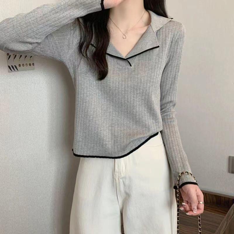 Polo Collar Pullover Knit Base Layer Top Women's Autumn Long Sleeve T-shirt Sweater Fall Clothing Spring Autumn Style