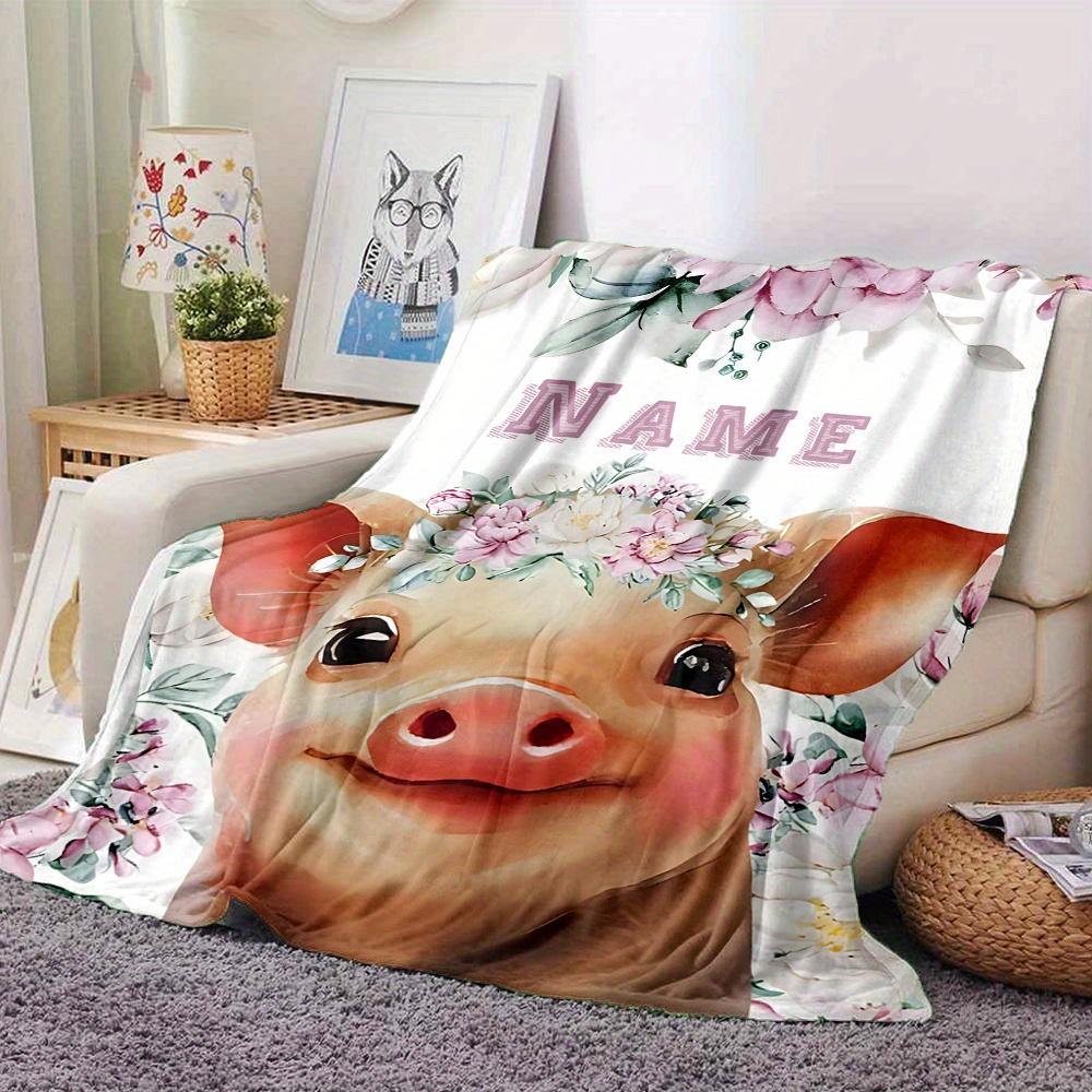 Pig With Floral Crown Four Seasons Blanket Customized With Your Name Lightweight And Warm Perfect Gift For Home Office Camping Sofa Travel Beach