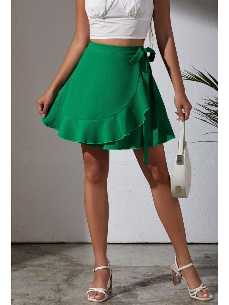 One Piece Lace Up Skirt High Waist Solid Color Ruffled Edge Short Skirt Cross-border Women's Clothing