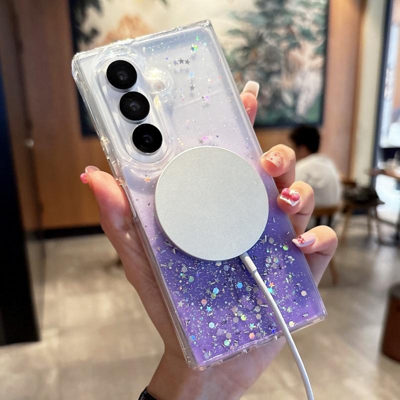 Transparent  Glitter Gradient Magnetic Phone Case for Samsung Galaxy Z Fold 7 6 5 4 3 5G for Magsafe Wireless Charge Cover