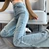 Ретро синие облегающие джинсы-клеш Женская мода Прямые джинсовые брюки с высокой талией Офисные женские туфли с кисточками Элегантные простые брюки Женская одежда 24263