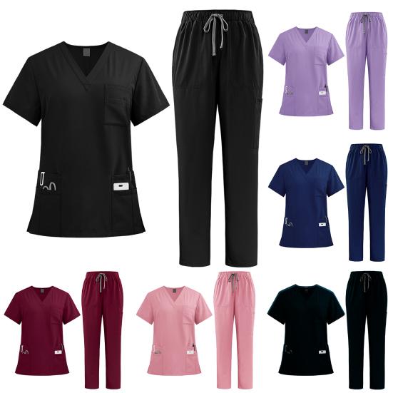 Medical Scrubs Set 2 Piece Suit Functional Scrubs for Nurses Doctors V-Neck Top Jogger Pants 9-Pocket Hospital Staff Uniform Set