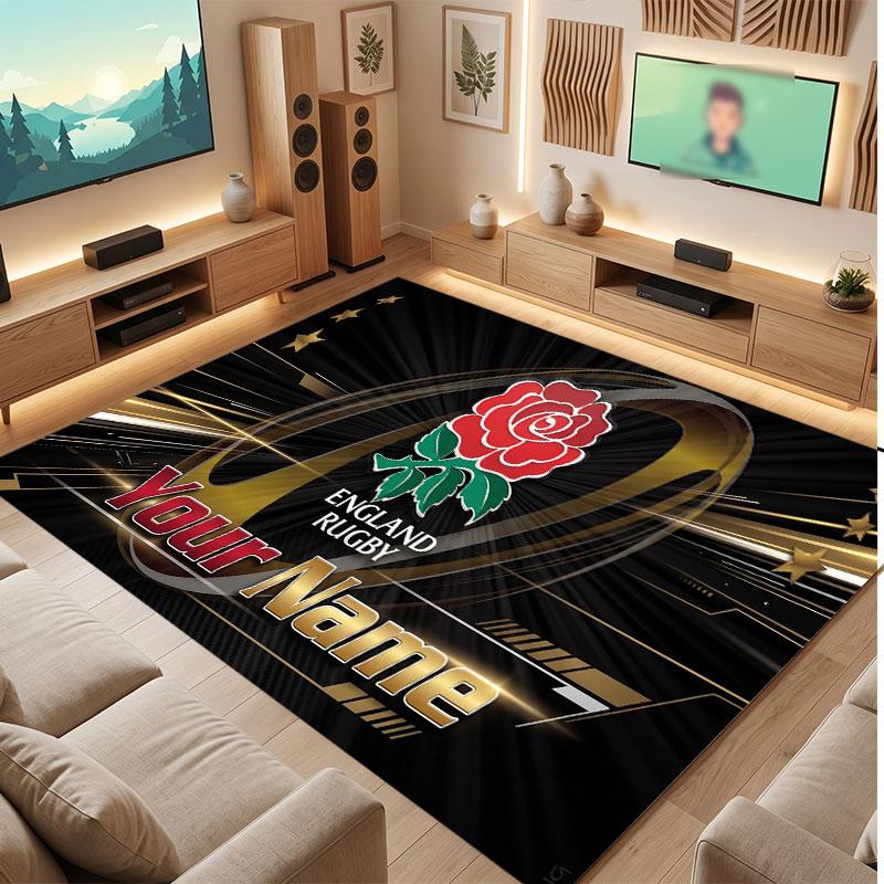 England Rugby Personalized Crystal Velvet Carpet, Customized Name Text Soft Anti‑Slip Rug for Living Room Bedroom