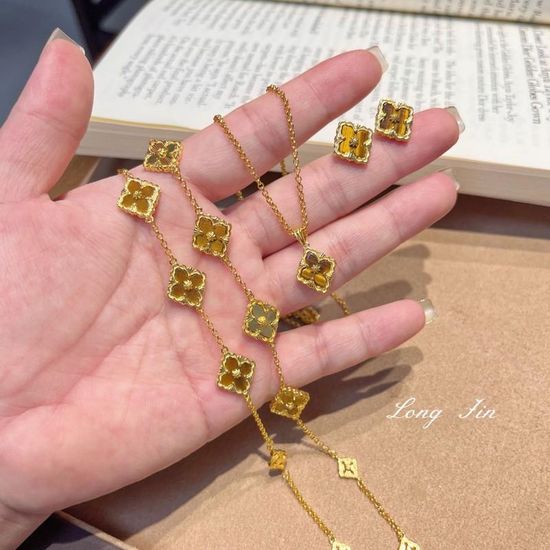 Vintage French Style Clover Tiger Eye Jewelry Set Women Necklace Bracelet Earrings Gold Plated Copper