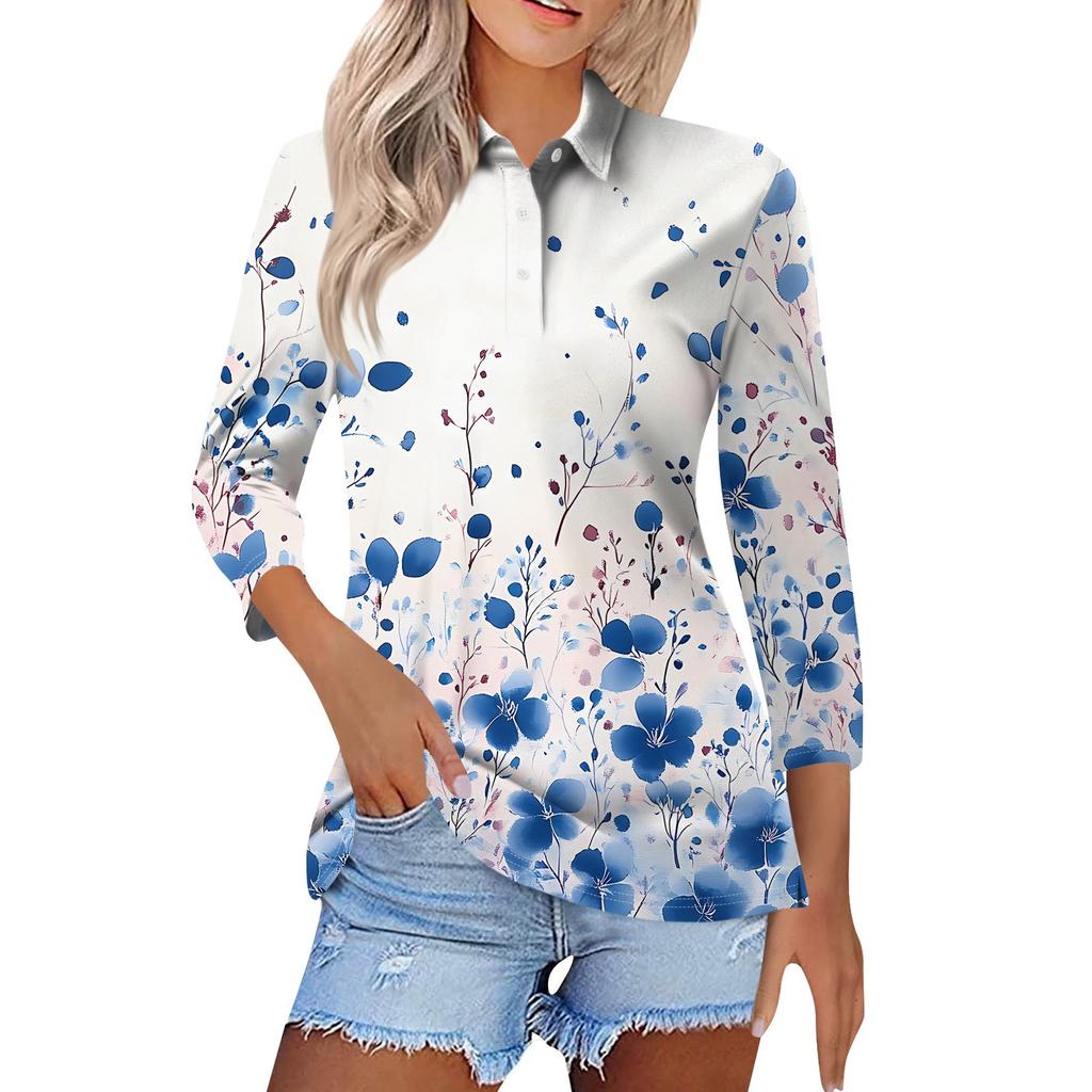Женская модная повседневная рубашка с короткими рукавами 3/4 с лацканами и принтом, женские топы на пуговицах
