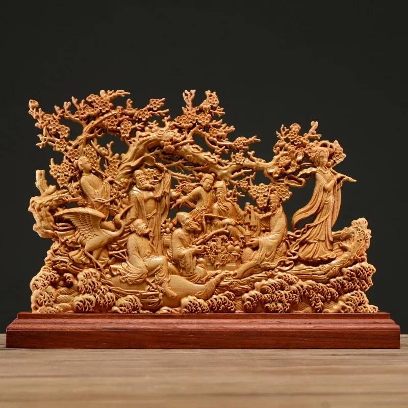 Thuja Wood Carving Eight Immortals Sculpture Decor Dish Wood God of Wealth Lucky Gift Home Decor