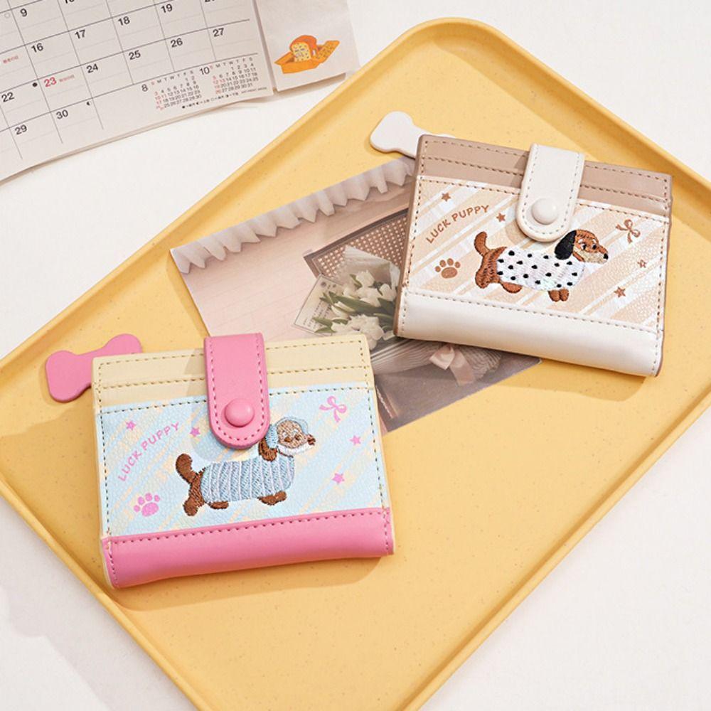 Korean Style Embroidery Sausage Dog Wallet Ultra Thin Purse Card Bag Card Holder Short Clutch PU Leather Card Holder