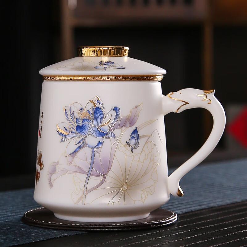 Dehua White Porcelain Tea Infuser Office Mug - Lotus Wen Xuan