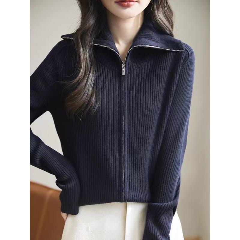 Double Zipper Lapel Knitted Cardigan Women's Spring and Autumn New Loose Versatile Thin Sweater Jacket Casual Outside