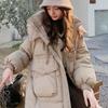 Women's Long Loose Light Down Jacket Autumn Winter Hooded Straight White Duck Down Coat Stand Collar Big Pocket Solid Color