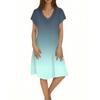 Ladies Casual Fashion V-neck Short Sleeve Gradient Print Mid-length Flowing Dress