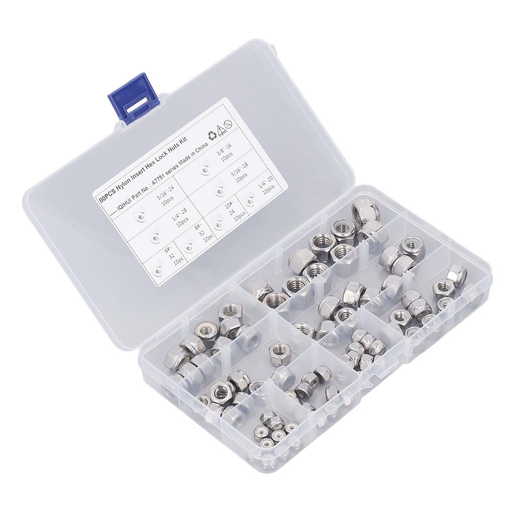 80PCS Hex Nuts Assortment Kit 304 Stainless Steel Lock Nuts with Nylon Insert 8 Specifications