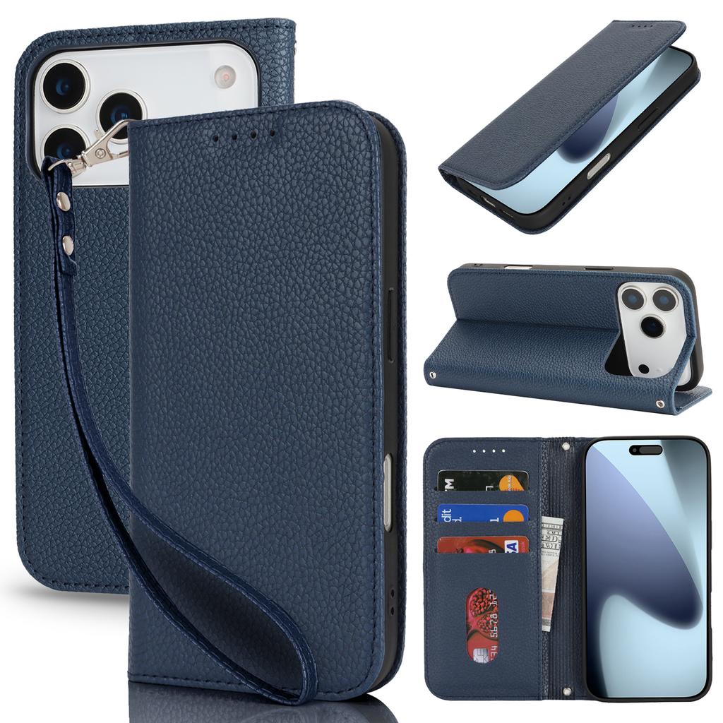 For iPhone 17 Pro Max Case Stand Wallet Litchi Texture Leather Flip Phone Cover with Strap