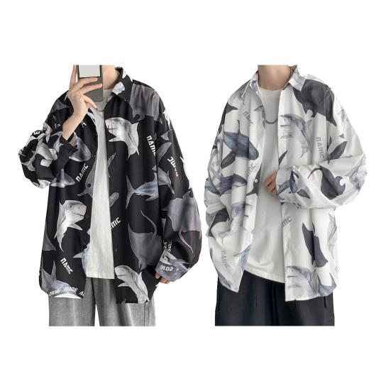 Весенне-летняя мужская рубашка с принтом акулы, однобортный отложной воротник с длинным рукавом, свободная уличная одежда средней длины, мужской топ для отпуска