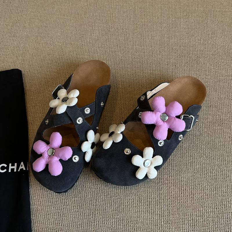 Sheepskin Version~ Niche Design Removable Flower Buckle Birkenmuller Shoes Women's Retro Rivets Thick-soled Bag Head Slippers