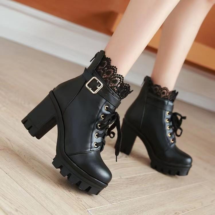 Autumn and Winter Short Boot Block High Heels Women Ankle Boots White Shoes Lace Decor Lace Up Chunky Heeled Platform Boots