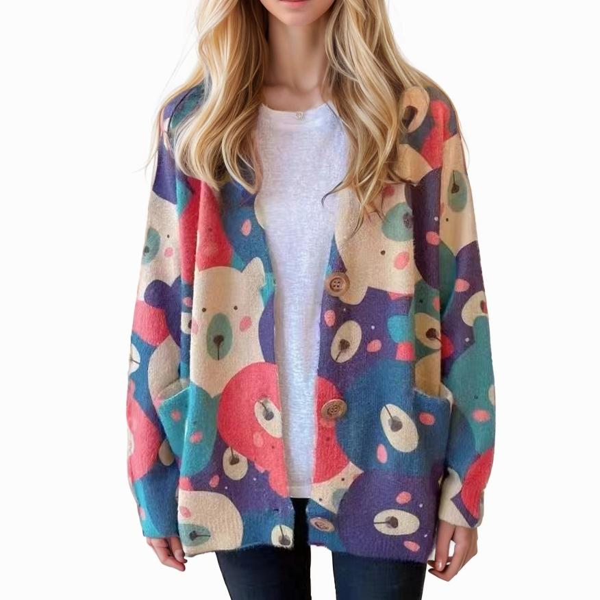 Autumn Plus Size Sweaters Cardigan Oversize Women Pattern Floral Cartoon Printing Sweaters Knitting Sweater
