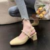 2024 New Women Sandals Satin  Square Heel Square Toe Buckle Strap Novelty Street Style British Style Pearl Belt Shoes for Women