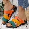 Mix Color PU Leather Wedge Sandals for Women 2025 Summer Comfort Non Slip Beach Slides Woman Fashion Buckle Platform Slippers 43