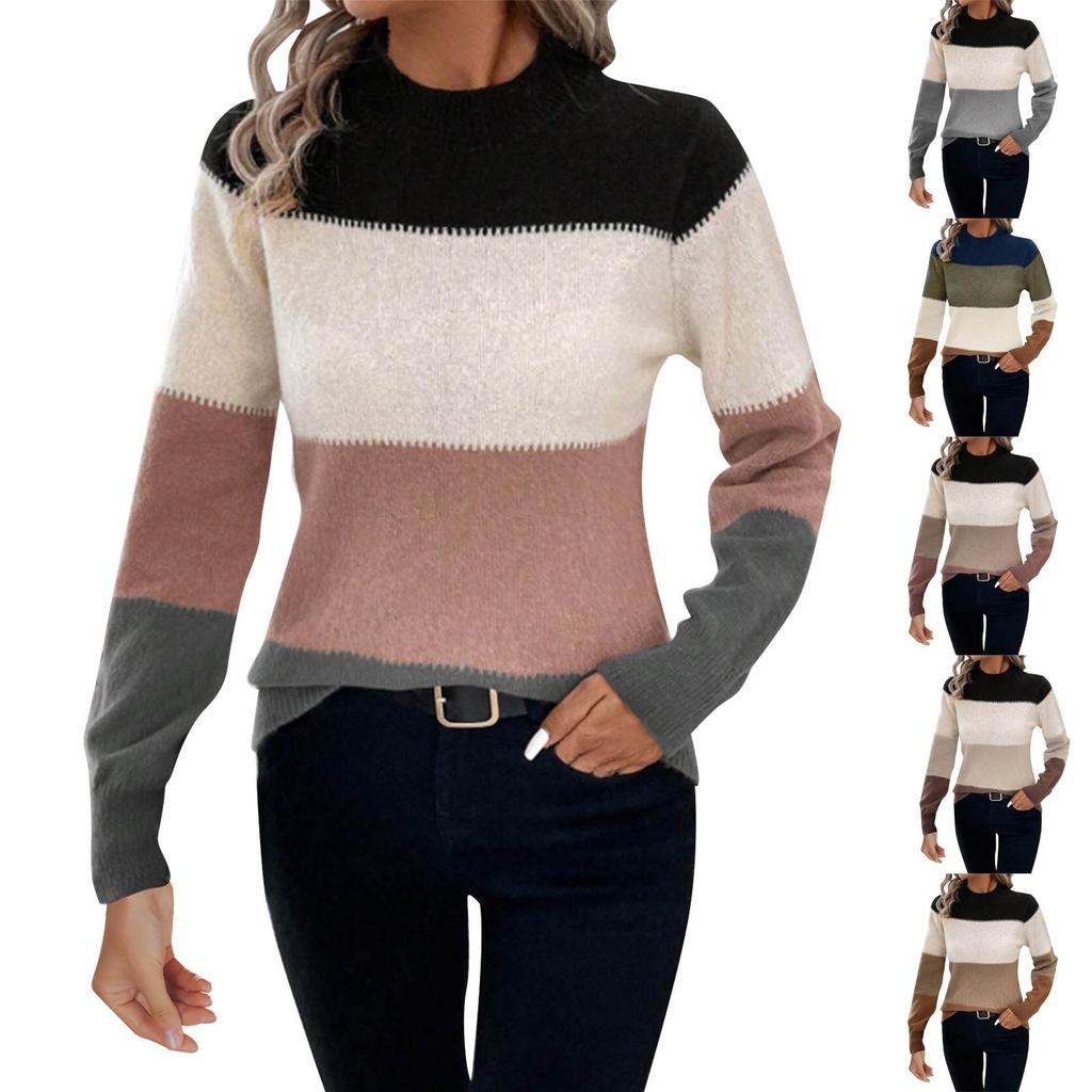 Women's Fashion Contrast Color Pullover Round Neck Long Sleeve Knitted Sweater