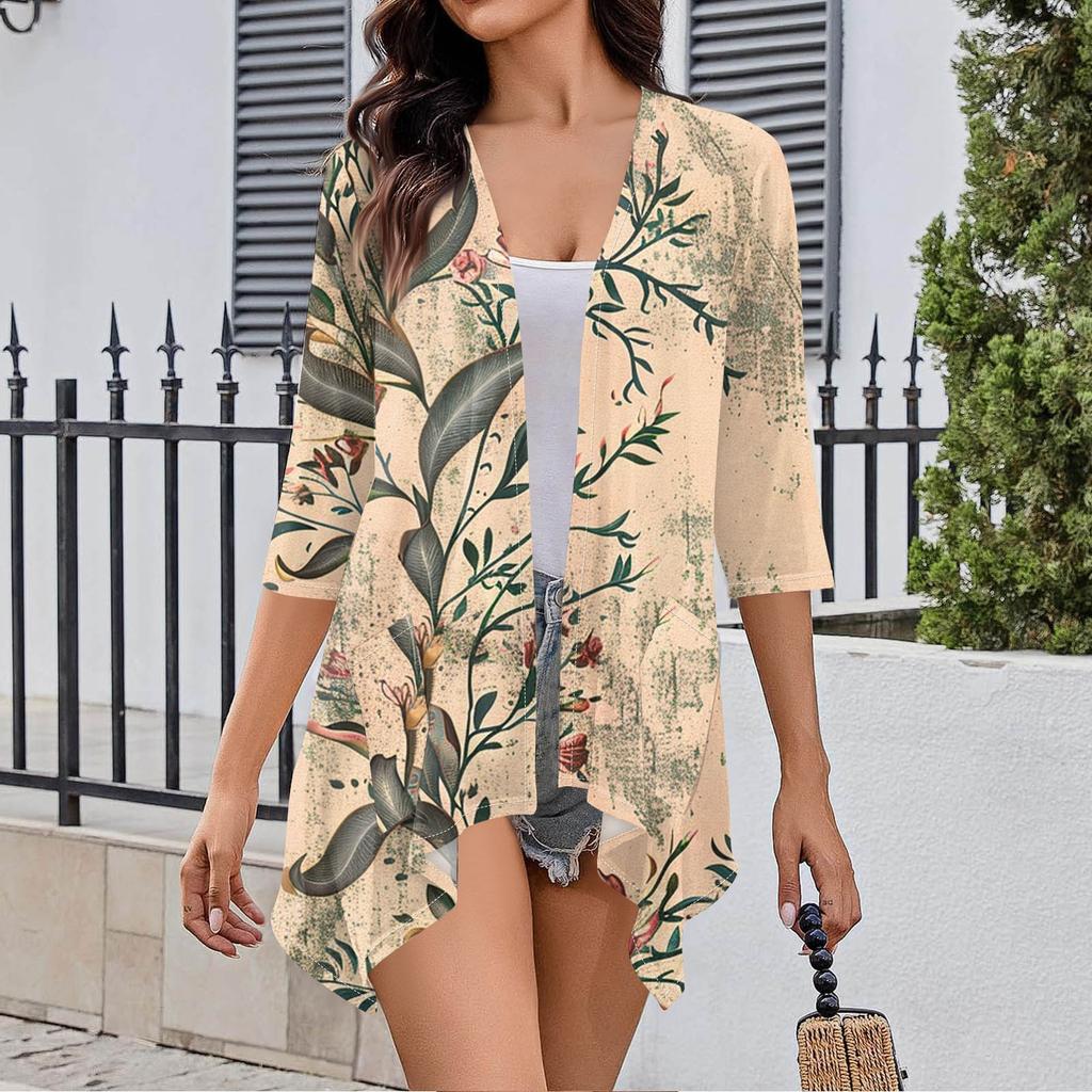 Women's Fall Print Irregular Three-quarter Sleeve Cardigan With Pocket Jacket