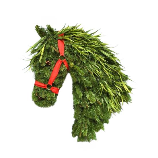 Horse Head Wreath Rustic Farmhouse Equestrian Door Decor Artificial Horse-Shaped Wreath with Red Ribbon for Front Door Wall Window Holiday Decor
