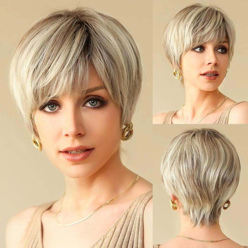 HAIRCUBE Парики спереди на шнуровке Ombre Коричневые человеческие волосы Remy Пепельно-коричневые волосы со стрижкой пикси с челкой Короткий прямой парик для женщин Боб Человеческий парик
