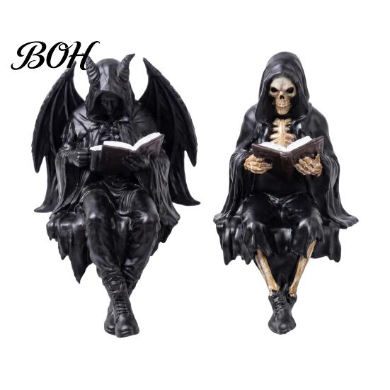 Skeleton Desktop Decor Halloween Reading Book Figurine, Spooky Devil Resin Sculpture, Gothic Winged Sculpture Black Robe Grim Reaper Statue